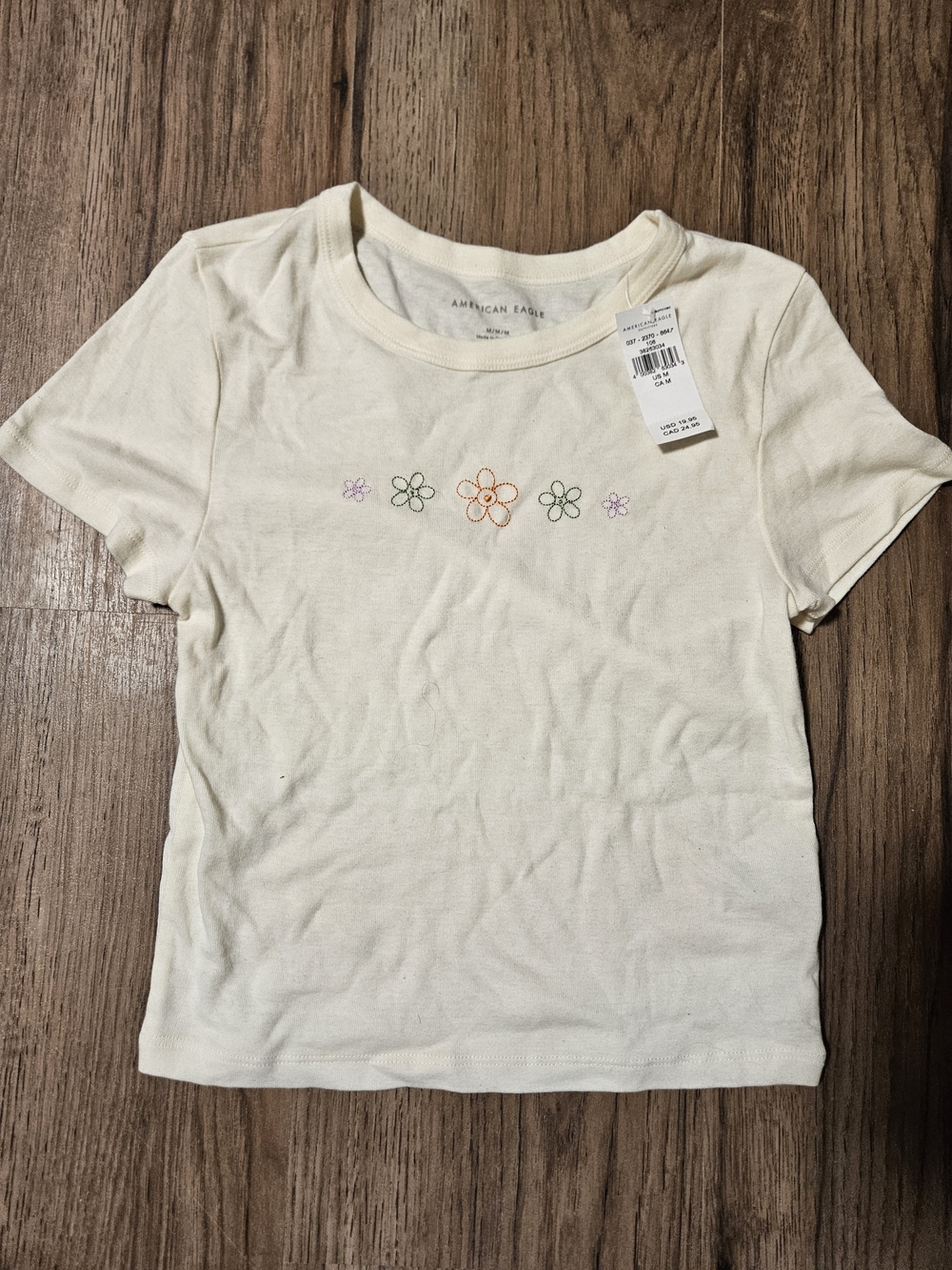American Eagle Outfitters Cream Floral Embroidered Short Sleeve Cropped Tee